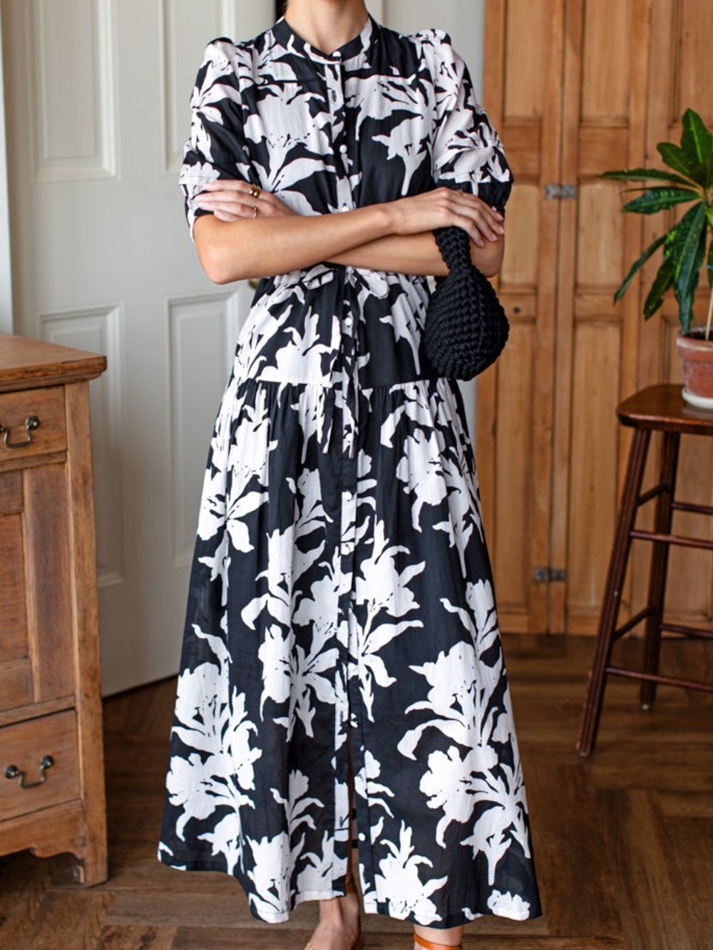 Emerson Fry Lucy 4 Basque Dress (Black + Ivory Orchid Organic)